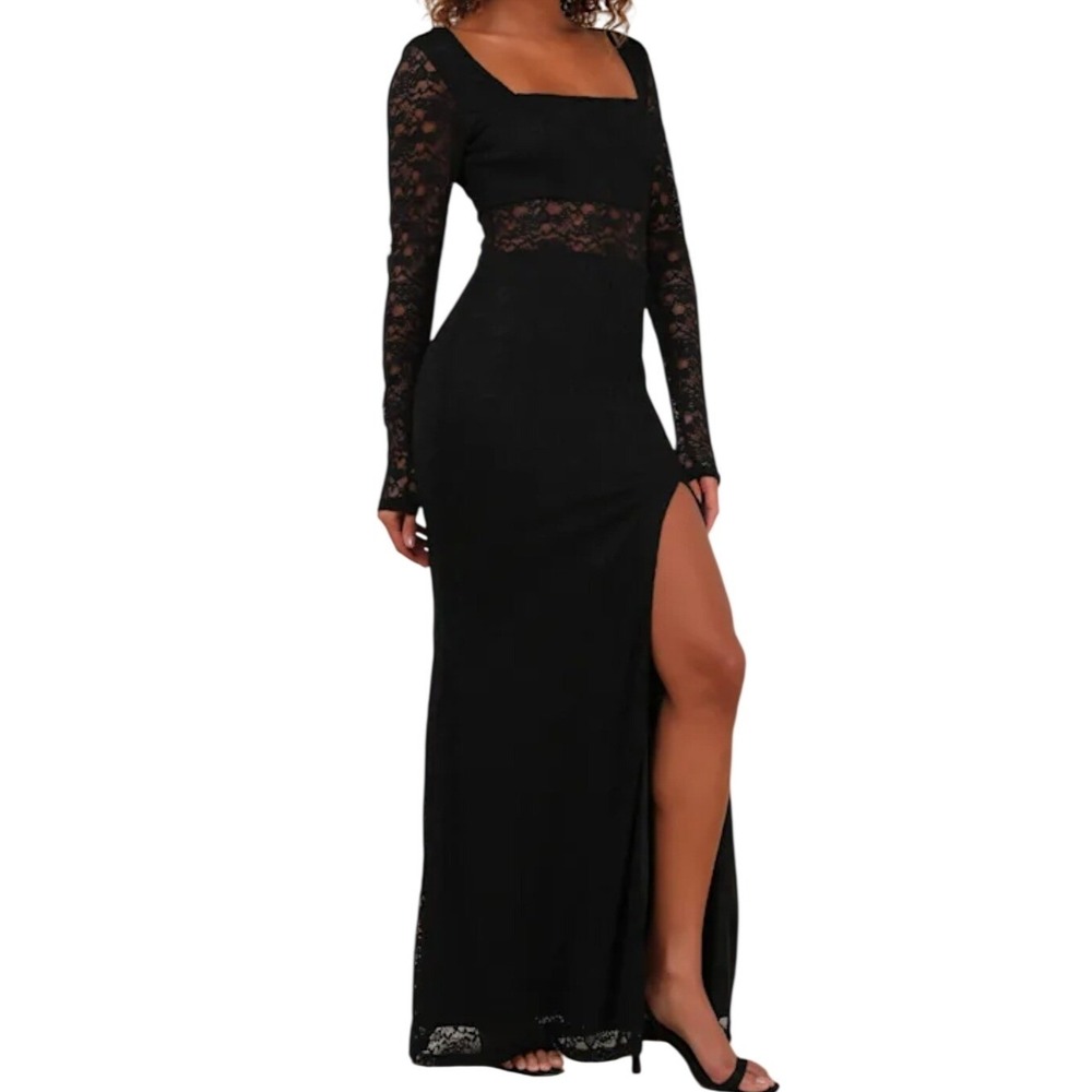 NWT Lulus Sensational Poised Black Lace Long Sleeve Maxi Dress XS Bodycon Sexy